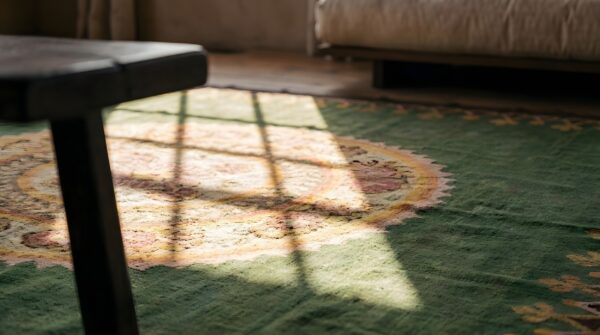Green antique first empire floral medallion design french aubusson rug 8 Green antique first empire floral medallion design french aubusson rug (sku 22025) - in-room detail