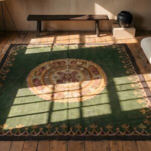Green Antique First Empire Floral Medallion Design French Aubusson Rug (SKU 22025) - styled overhead view