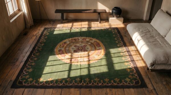 Green antique first empire floral medallion design french aubusson rug 2 Green antique first empire floral medallion design french aubusson rug (sku 22025) - styled overhead view
