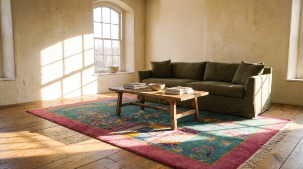 Green antique wool floral hand knotted pile 1920s rectangle rug 8 Green antique wool floral hand knotted pile 1920s rectangle rug (sku 24490) - room view