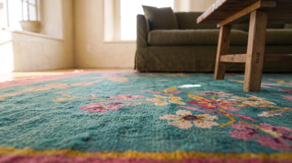 Green antique wool floral hand knotted pile 1920s rectangle rug 9 Green antique wool floral hand knotted pile 1920s rectangle rug (sku 24490) - in-room detail
