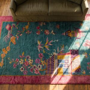 Green Antique Wool Floral Hand Knotted Pile 1920s Rectangle Rug (SKU 24490) - styled overhead view