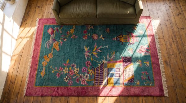 Green antique wool floral hand knotted pile 1920s rectangle rug 2 Green antique wool floral hand knotted pile 1920s rectangle rug (sku 24490) - styled overhead view