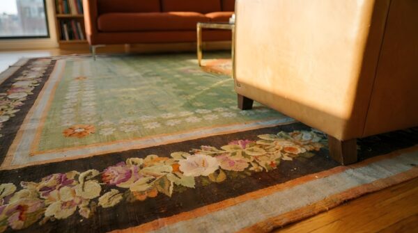 Green antique large neoclassical rosette french empire revival aubusson flatweave rug 11 Green antique large neoclassical rosette french empire revival aubusson flatweave rug (sku 24400) - in-room detail