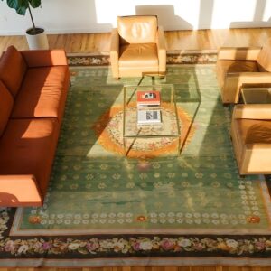Green Antique Large Neoclassical Rosette French Empire Revival Aubusson Flatweave Rug (SKU 24400) - styled overhead view