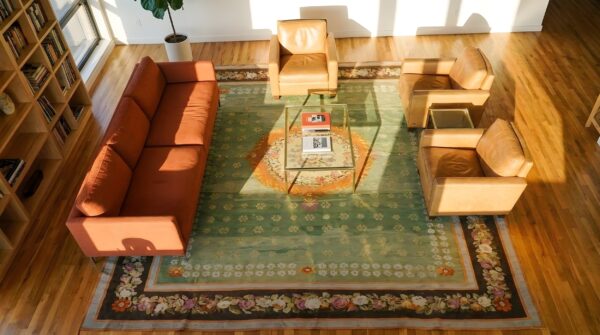 Green antique large neoclassical rosette french empire revival aubusson flatweave rug 2 Green antique large neoclassical rosette french empire revival aubusson flatweave rug (sku 24400) - styled overhead view