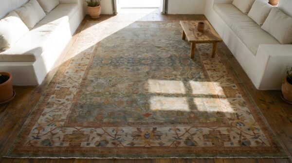 Green oversized antique large scale allover arts and crafts design persian sultanabad carpet 2 Green oversized antique large scale allover arts and crafts design persian sultanabad carpet (sku 23039) - styled overhead view