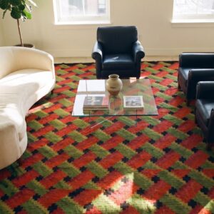 Green , Red Rare Green and Red Geometric Basket Weave Design Antique Ukraine Bessarabian Kilim Rug (SKU 25078) - styled overhead view