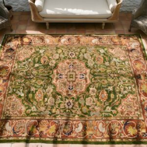 Green Tribal Room Size Antique Wool Pile Persian Room Size Sultanabad Rug (SKU 22779) - styled overhead view