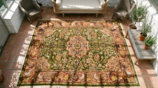 Green tribal room size antique wool pile persian room size sultanabad rug 2 Green tribal room size antique wool pile persian room size sultanabad rug (sku 22779) - styled overhead view
