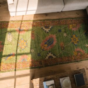 Antique Green Turkish Oushak Hallway Runner Rug (SKU 23289) - styled overhead view