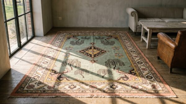 Green antique weeping willow peacock pattern indian cotton agra rug 11 Green antique weeping willow peacock pattern indian cotton agra rug (sku 19457) - room view