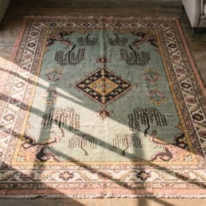 Green Antique Weeping Willow Peacock Pattern Indian Cotton Agra Rug (SKU 19457) - styled overhead view
