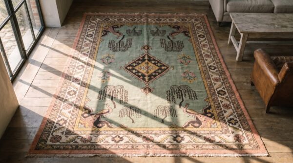 Green antique weeping willow peacock pattern indian cotton agra rug 2 Green antique weeping willow peacock pattern indian cotton agra rug (sku 19457) - styled overhead view