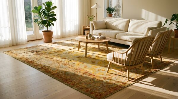 Green , yellow rare unusual green and yellow color antique turkish room size angora oushak rug 9 Green , yellow rare unusual green and yellow color antique turkish room size angora oushak rug (sku 24789) - room view