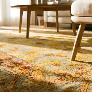 Green , Yellow Rare Unusual Green and Yellow Color Antique Turkish Room Size Angora Oushak Rug (SKU 24789) - in-room detail