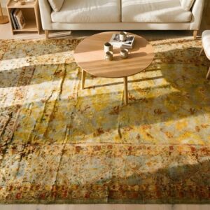 Green , Yellow Rare Unusual Green and Yellow Color Antique Turkish Room Size Angora Oushak Rug (SKU 24789) - styled overhead view