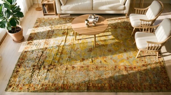 Green , yellow rare unusual green and yellow color antique turkish room size angora oushak rug 2 Green , yellow rare unusual green and yellow color antique turkish room size angora oushak rug (sku 24789) - styled overhead view