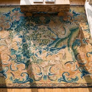 Green , Yellow Antique Square Needlepoint Small Scatter Size Wool & Silk Green and Yellow Rug (SKU 25715) - styled overhead view