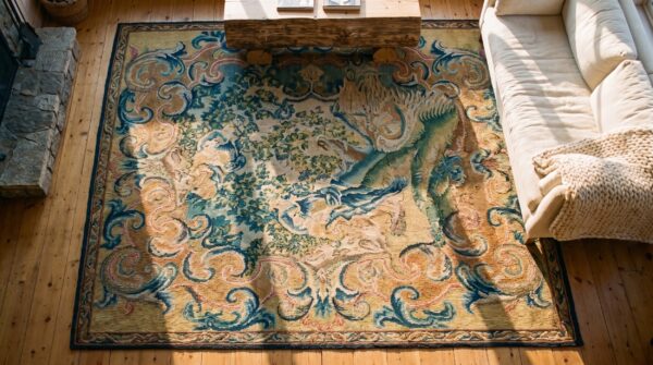 Green , yellow antique square needlepoint small scatter size wool & silk green and yellow rug 2 Green , yellow antique square needlepoint small scatter size wool & silk green and yellow rug (sku 25715) - styled overhead view