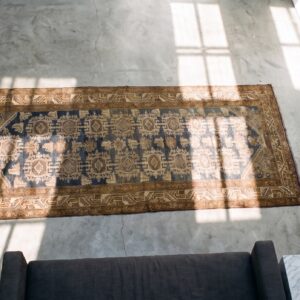 Antique Grey Blue Persian Malayer Hallway Runner Rug (SKU 21895) - styled overhead view