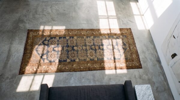 Antique grey blue persian malayer hallway runner rug (sku 21895) - styled overhead view