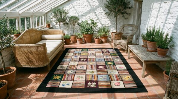 Antique grid pattern colorful american hooked area rug 8 Antique grid pattern colorful american hooked area rug (sku 19571) - room view