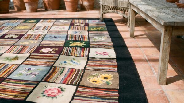 Antique grid pattern colorful american hooked area rug 9 Antique grid pattern colorful american hooked area rug (sku 19571) - in-room detail