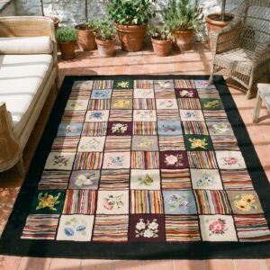Antique Grid Pattern Colorful American Hooked Area Rug (SKU 19571) - styled overhead view
