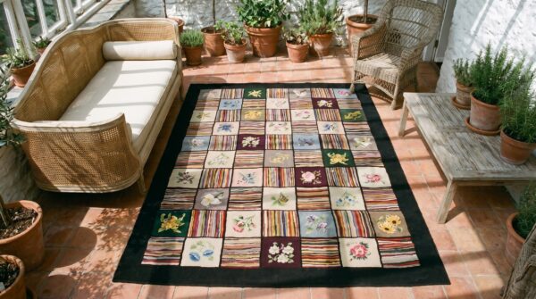 Antique grid pattern colorful american hooked area rug 2 Antique grid pattern colorful american hooked area rug (sku 19571) - styled overhead view