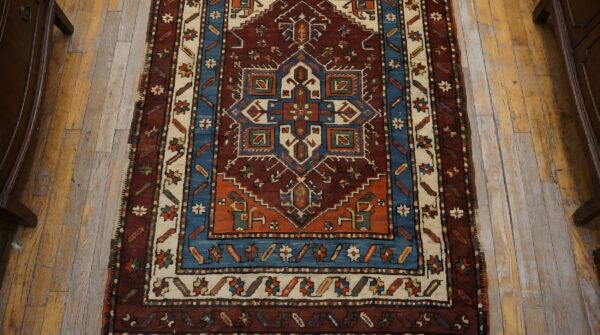 Antique hallway wool coral rug 2 Antique hallway wool coral rug (sku 24330) - styled overhead view