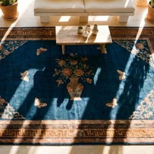 Hallway Runner Knotted Antique Chinese Blue - Peking 1920s Wool Rectangle Rug (SKU 25433) - styled overhead view