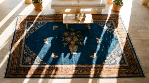 Hallway runner knotted antique chinese blue - peking 1920s wool rectangle rug 2 Hallway runner knotted antique chinese blue - peking 1920s wool rectangle rug (sku 25433) - styled overhead view