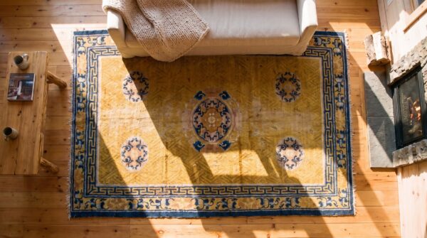 Antique hallway runner wool yellow rug 2 Antique hallway runner wool yellow rug (sku 25085) - styled overhead view
