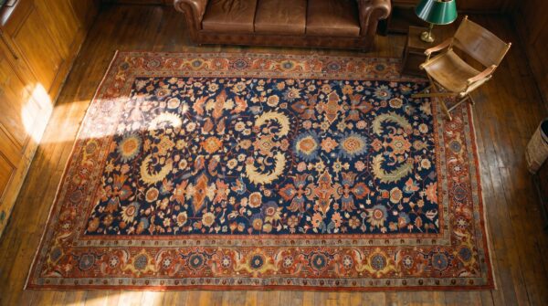 Happy classic jewel tone antique tribal geometric wool pile persian heriz serapi rug 2 Happy classic jewel tone antique tribal geometric wool pile persian heriz serapi rug (sku 21441) - styled overhead view