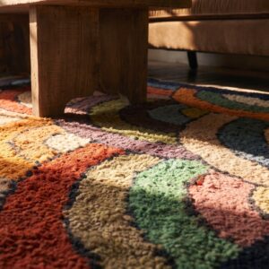 Happy Colorful Antique Artistic Fan Arc Folk Art Pattern American Hooked Rug (SKU 20506) - in-room detail