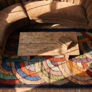Happy Colorful Antique Artistic Fan Arc Folk Art Pattern American Hooked Rug (SKU 20506) - styled overhead view