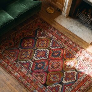 Happy Colorful Antique Casual Tribal Geometric Persian Bidjar Rug (SKU 20108) - styled overhead view