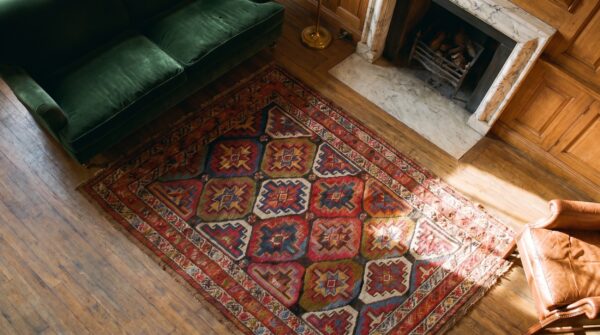 Happy colorful antique casual tribal geometric persian bidjar rug 2 Happy colorful antique casual tribal geometric persian bidjar rug (sku 20108) - styled overhead view