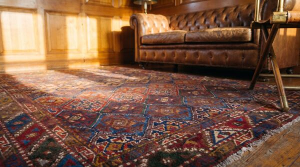 Happy colorful jewel tone antique tribal geometric northwest persian rug 10 Happy colorful jewel tone antique tribal geometric northwest persian rug (sku 18480) - in-room detail