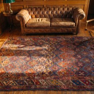 Happy Colorful Jewel Tone Antique Tribal Geometric Northwest Persian Rug (SKU 18480) - styled overhead view