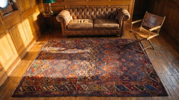 Happy colorful jewel tone antique tribal geometric northwest persian rug 2 Happy colorful jewel tone antique tribal geometric northwest persian rug (sku 18480) - styled overhead view