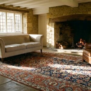 Antique Happy Colorful NW Persian Long and Narrow Size Heriz Serapi Rug (SKU 24384) - styled overhead view