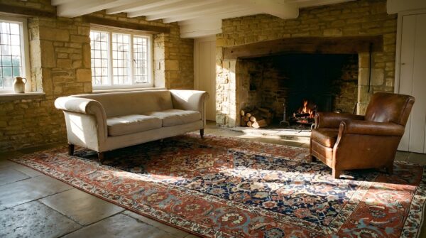 Antique happy colorful nw persian long and narrow size heriz serapi rug 2 Antique happy colorful nw persian long and narrow size heriz serapi rug (sku 24384) - styled overhead view