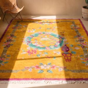 Happy Yellow Color Antique Room Size Chinese Art Deco Carpet (SKU 21959) - styled overhead view