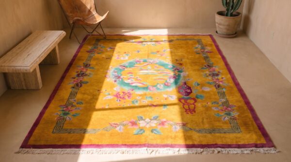 Happy yellow color antique room size chinese art deco carpet 2 Happy yellow color antique room size chinese art deco carpet (sku 21959) - styled overhead view