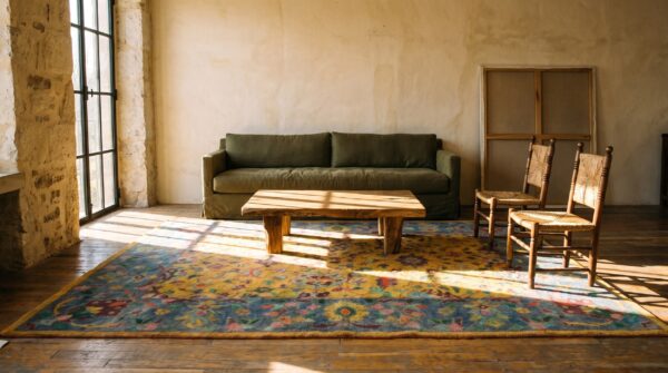 Happy yellow antique cotton pile indian agra floral rug 7 Happy yellow antique cotton pile indian agra floral rug (sku 21345) - room view