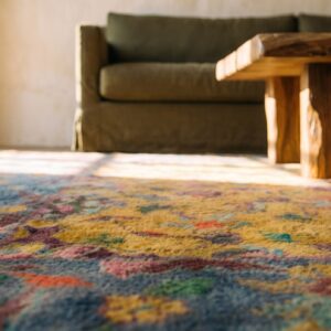 Happy Yellow Antique Cotton Pile Indian Agra Floral Rug (SKU 21345) - in-room detail