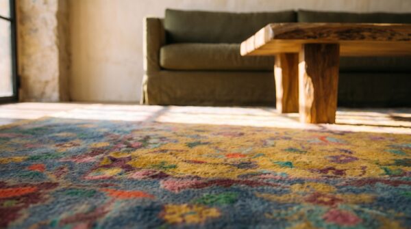 Happy yellow antique cotton pile indian agra floral rug 8 Happy yellow antique cotton pile indian agra floral rug (sku 21345) - in-room detail