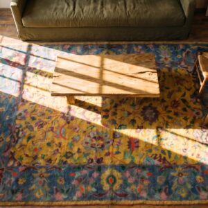Happy Yellow Antique Cotton Pile Indian Agra Floral Rug (SKU 21345) - styled overhead view